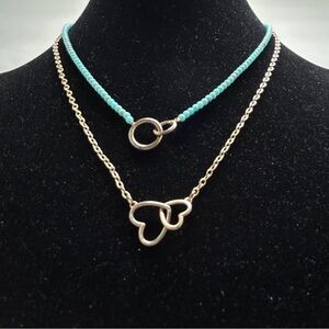 Lucky Brand, Gold Double Strand Necklace, Hearts, Blue Beads